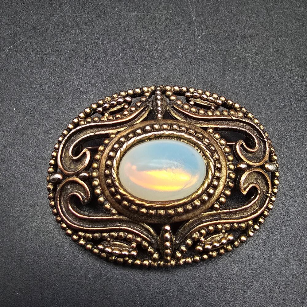 Vintage Hollycraft Opalescent Brooch Bronze Tone Oval